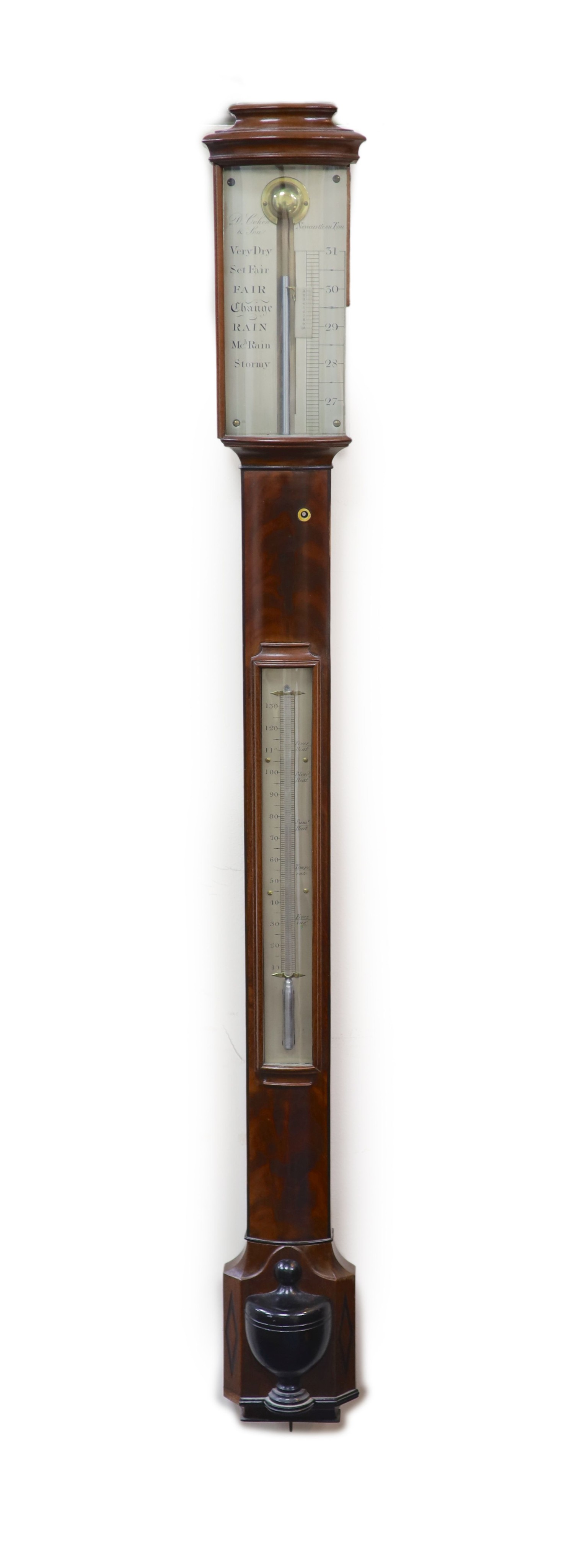 A George III mahogany bow front stick barometer, by D. Cohen & Son, Newcastle upon Tyne H 95cm.